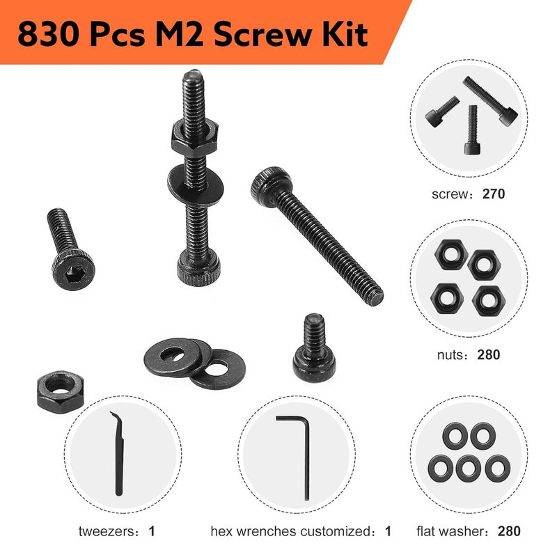 Hapric 830 Pcs M2 Screws Kit Metric Bolts Kit M2*4mm/6mm/8mm/10mm/12mm/16mm/20mm Machine Screw Kit, 12.9 Alloy Steel Black Zinc Plated Hex Socket Head Screws Nuts Bolts and Washers Set - Image 3